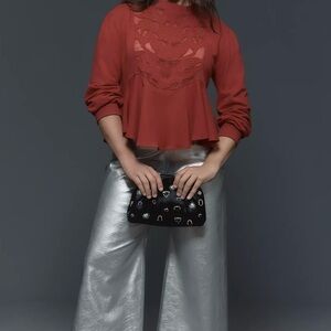 NWT, Anthropologie Cutwork Swing Top Wine Red Peplum Sheer Floral Lace, X-Small